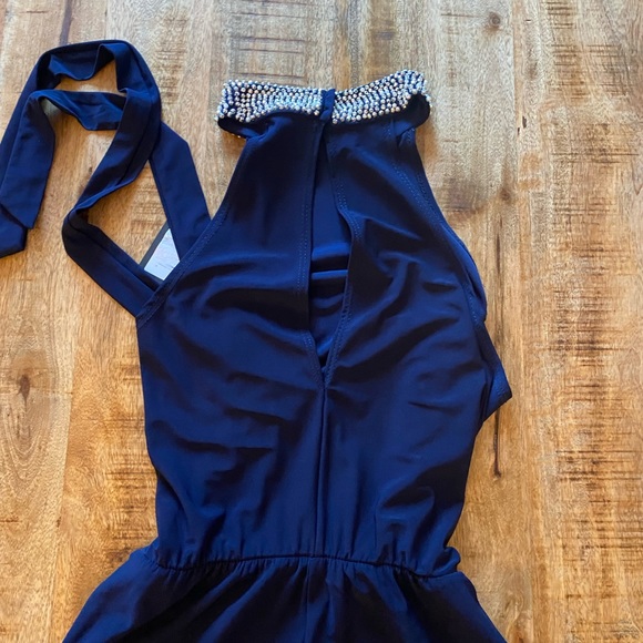 MARINA DRESSES navy blue jumpsuit embellished rhinestones halter belt - Picture 6 of 10